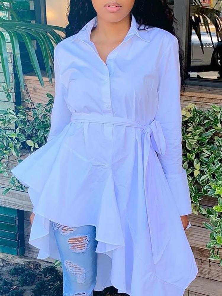 

Solid Long Sleeve Irregular Hem Shirt, White