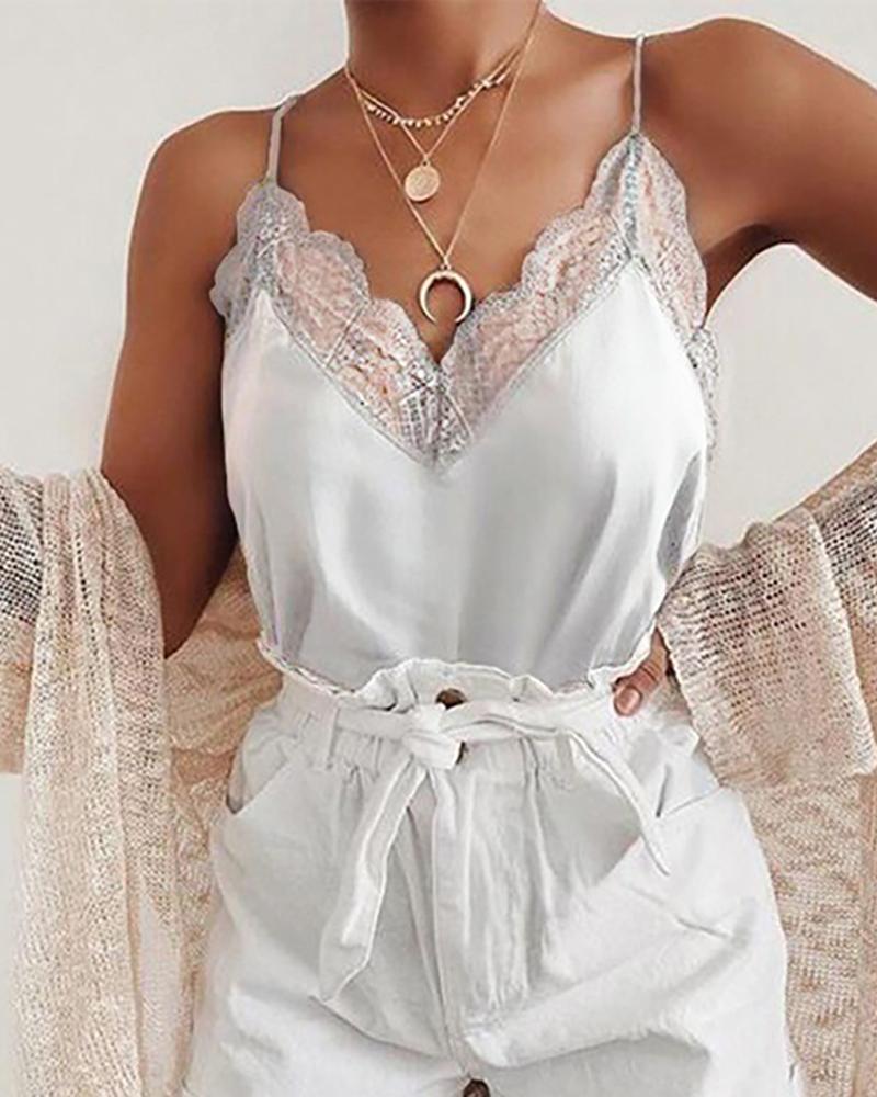 

Lace Trim Spaghetti Strap Top, White