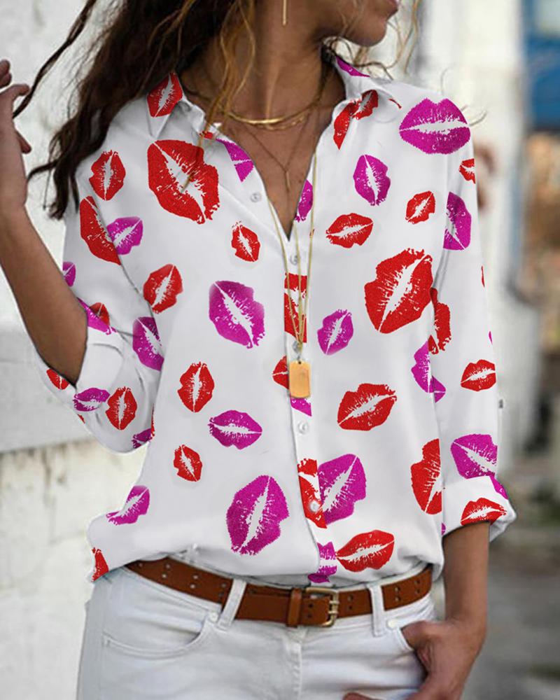 

Lip Print Long Sleeve Casual Shirt, White
