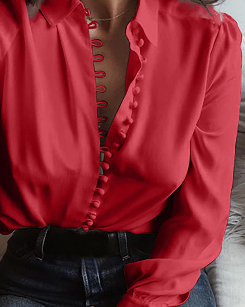 

Long Sleeve Button Design Casual Blouse, Red