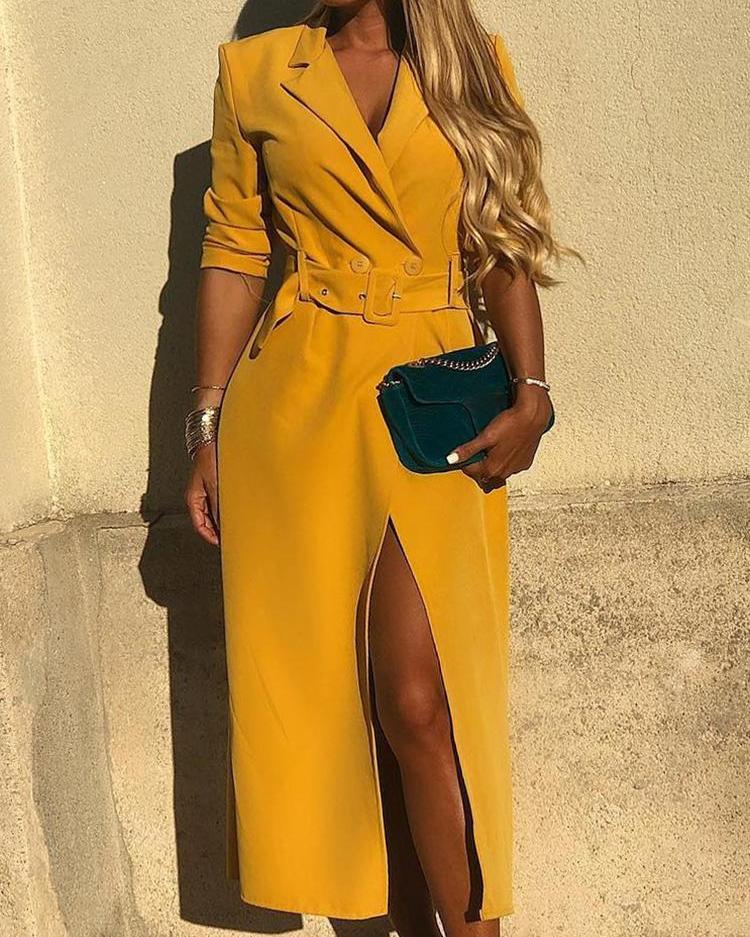 

Solid Self Belted Slit Blazer Dress, Yellow