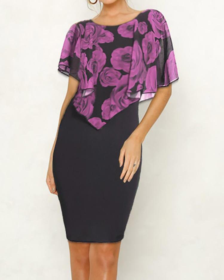 

Floral Print Short Sleeve Bodycon Dress, Pink