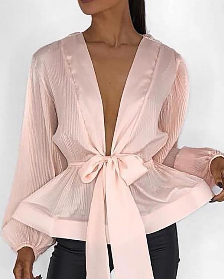 

Plunge Ruched Design Knotted Front Blouse, Pink