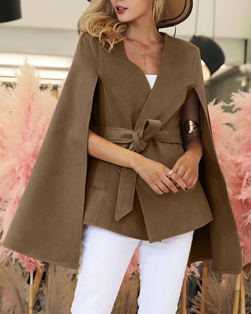 

Solid Cape Design V Neck Wool Coat, Coffee