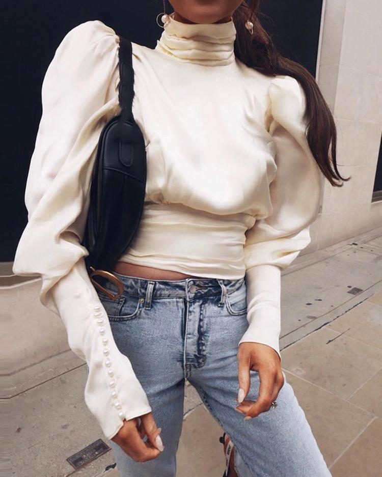 

Leg-of-Mutton Sleeve Open Back Top, Beige