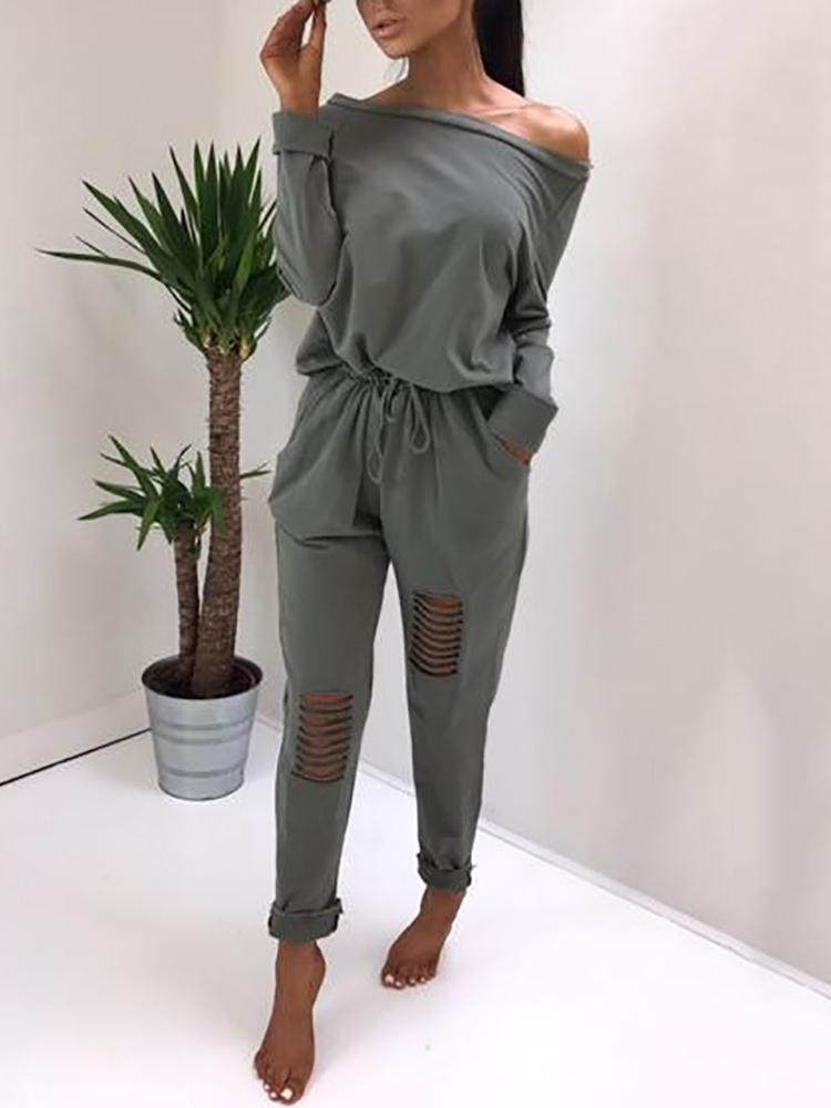 

Stylish Ripped Skew Neck Drawstring Casual Jumpsuit, Black