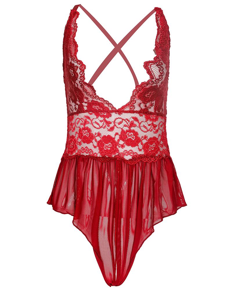 

Lace Sheer Mesh Crisscross Backless Teddy, Red