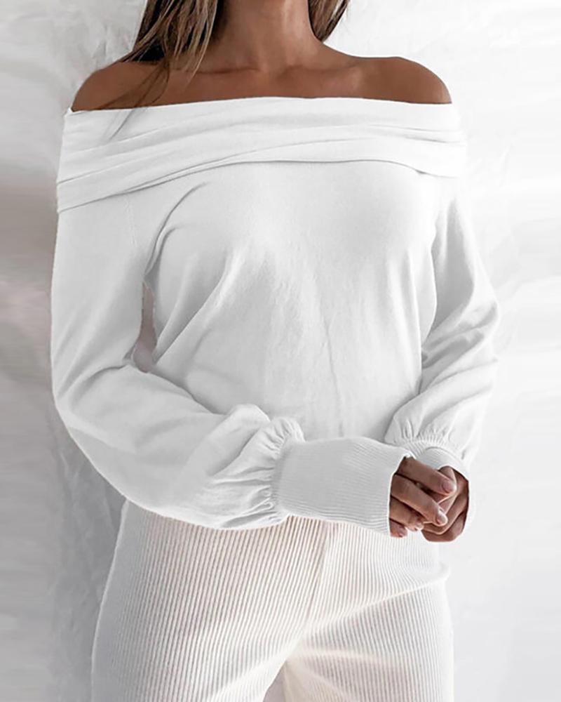 

Off Shoulder Lantern Sleeve Plain Top, White