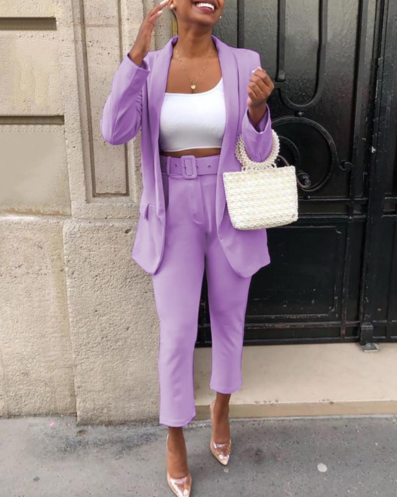 

Solid Notched Collar Pocket Blazer & Pants Sets, Purple