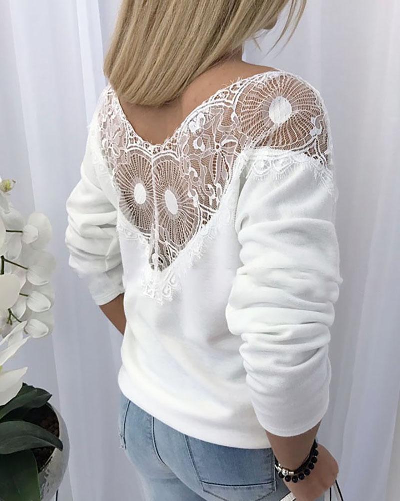 

Solid Lace Mesh Hollow Out Blouse, White