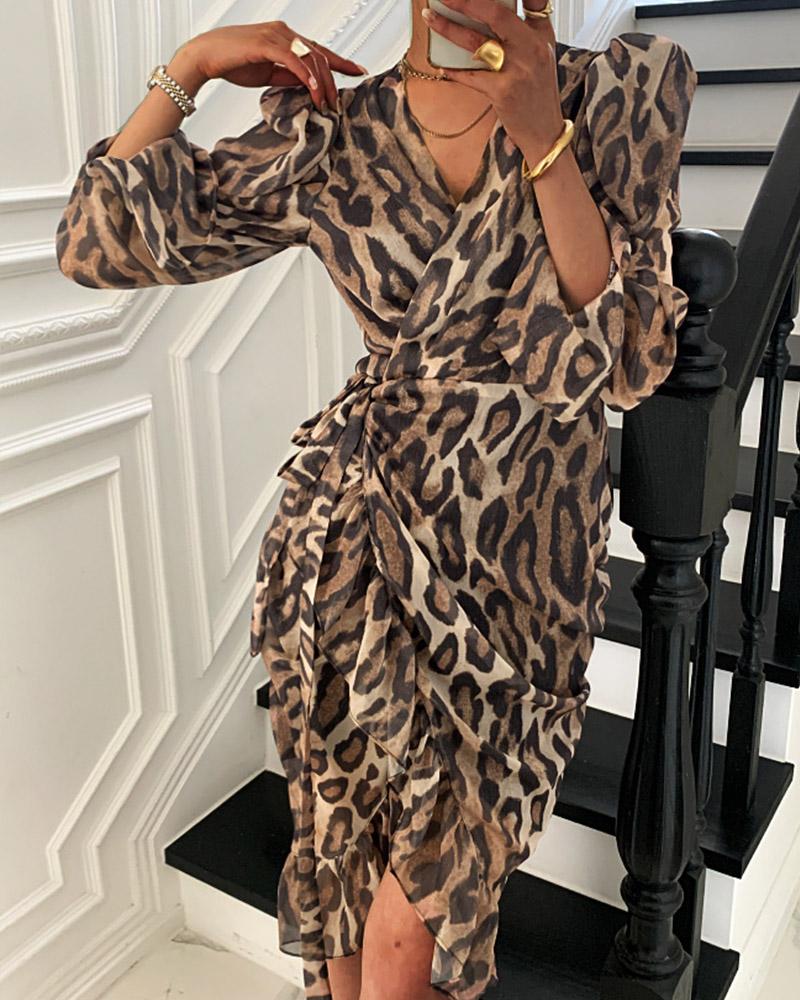 

Cheetah Print Long Sleeve Casual Dress, Leopard