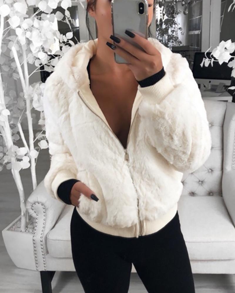 

Fluffy Solid Pocket Long Sleeve Zipped Hooded Coat, White