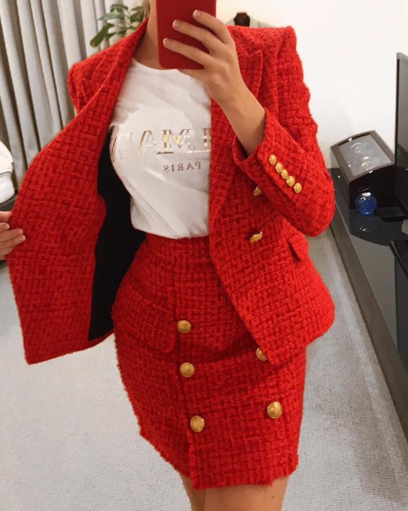 

Buttoned Tweed Blazer Coat & High Waist Skirt Set, Red