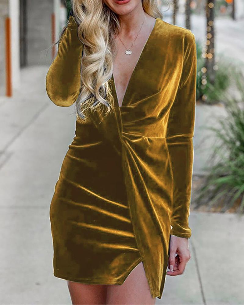 

Plain Knotted Ruched Long Sleeve Dress, Yellow