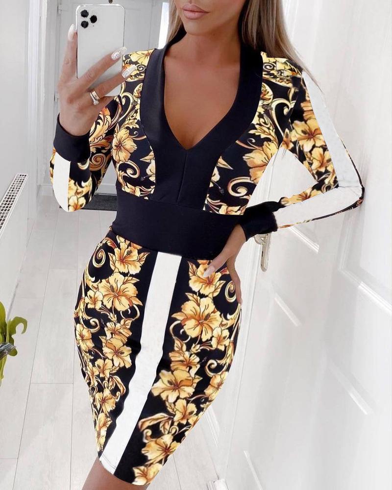 

Baroque Print Colorblock Long Sleeve Bodycon Dress, Black