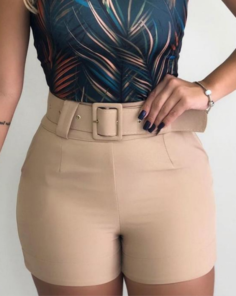 

Solid High Waist Belted Casual Shorts, Nude