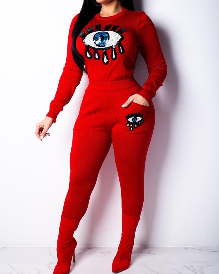 

Sequin Eyes Applique Top & Pant Sets, Red