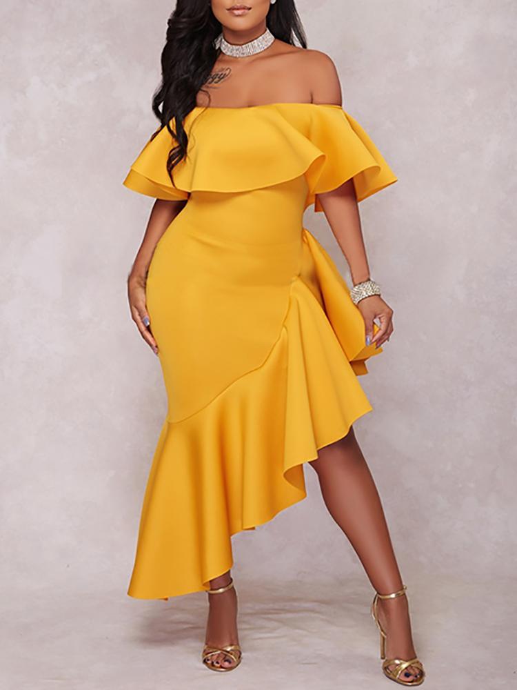 

Asymmetric Off Shoulder Ruffles Hem Maxi Dress