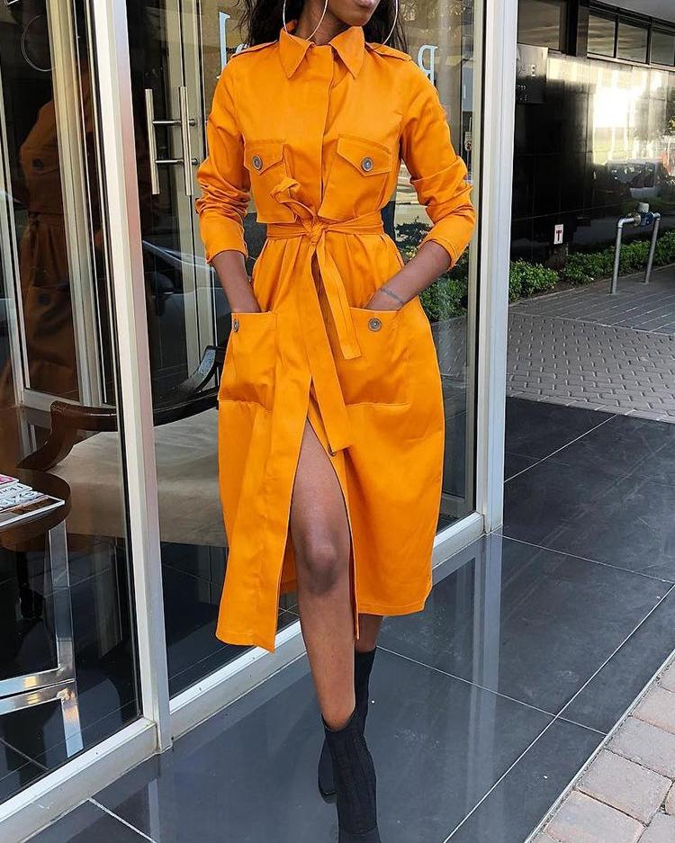 

Button Pocket Design Belted Casual Dress, Orange