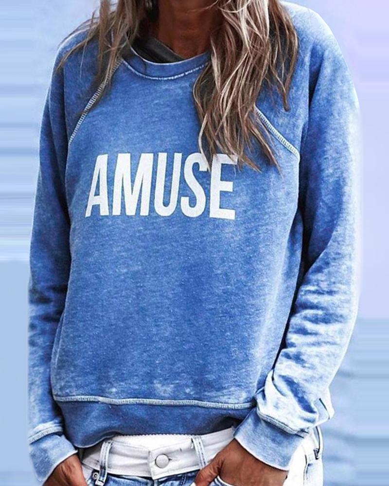 

Letter Print Long Sleeve Casual Sweatshirt, Blue