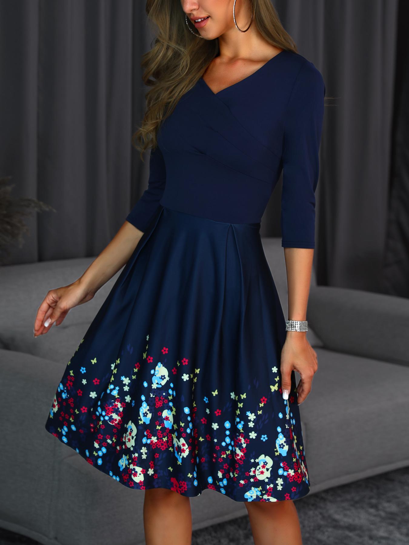 

V-Neck Wrap Floral Print Ruched Dress, Dark blue