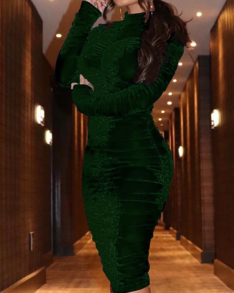 

Velvet Mock Neck Ruched Bodycon Dress, Green