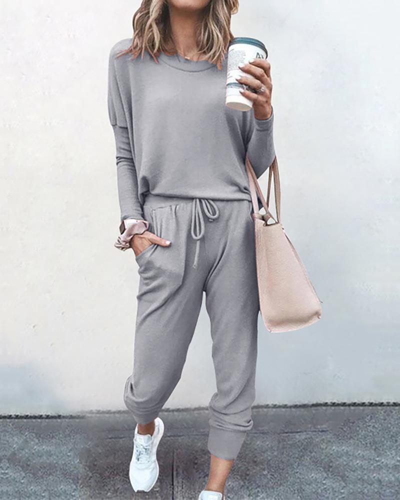 

Plain Round Neck Long Sleeve Top & Drawstring Pants Set, Gray