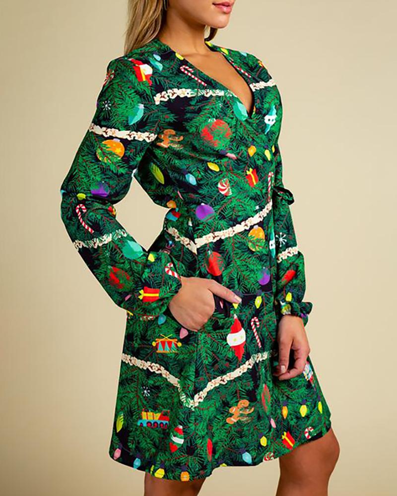 

Christmas All Over Print Long Sleeve Wrap Dress, Green