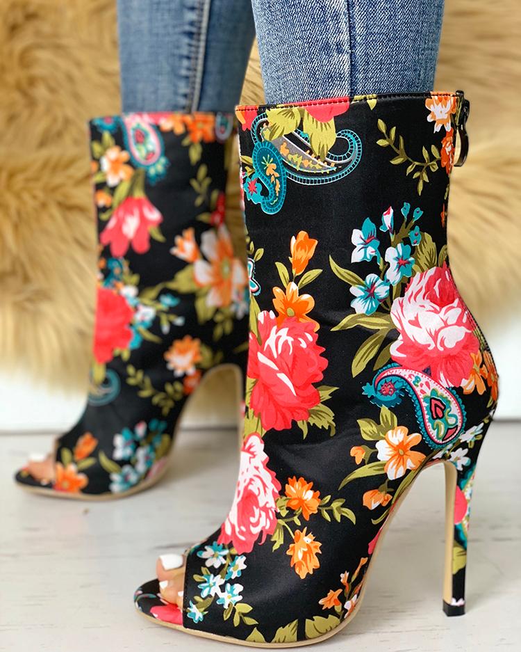 

Floral Peep Toe Thin Heeled Boots, Multicolor