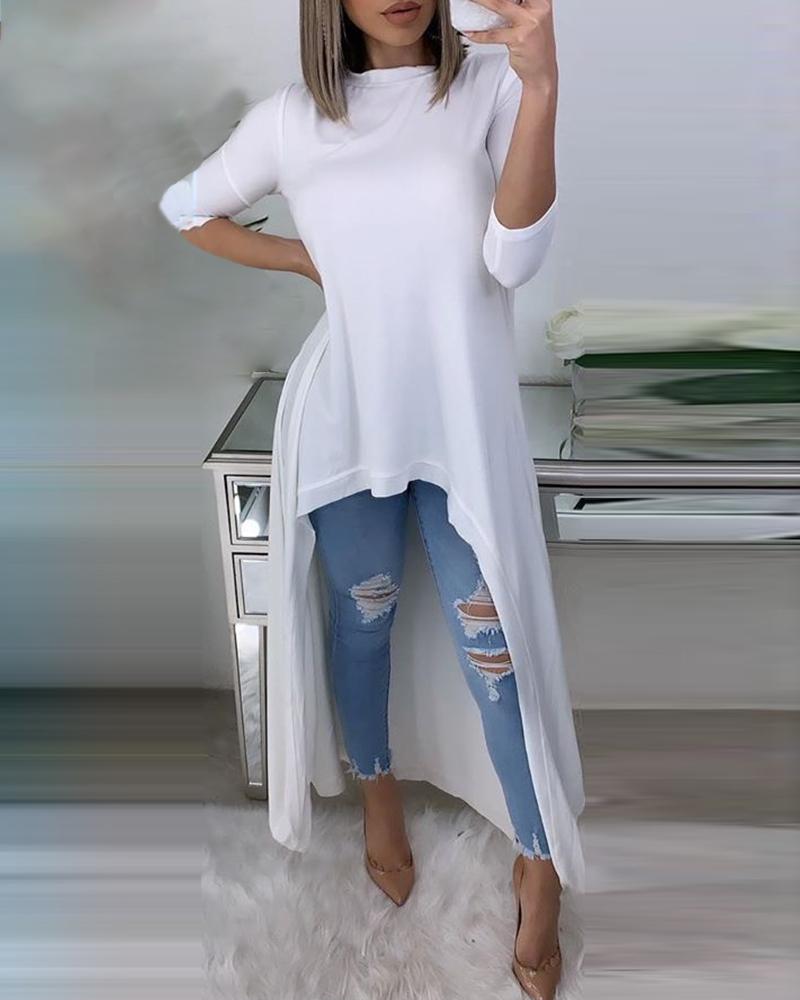 

Solid Round Neck Asymmetrical Casual Blouse, White