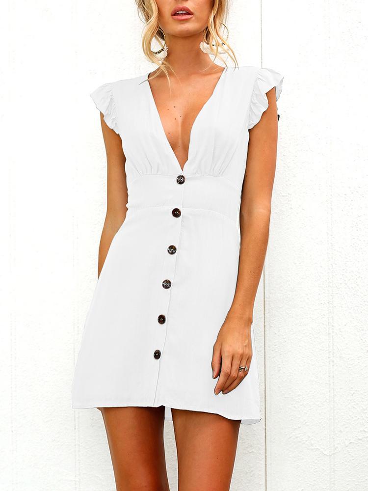 

Solid Flutter Sleeve Button Up Casual Dress, White
