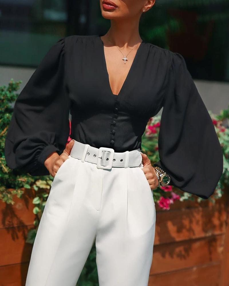 

V Neck Lantern Sleeve Casual Blouses, Black