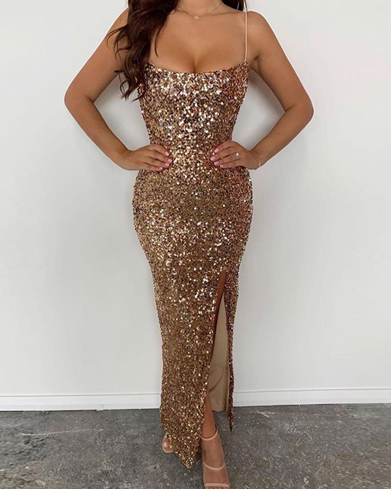 

Sequin Side Slit Spaghetti Strap Evening Dress
