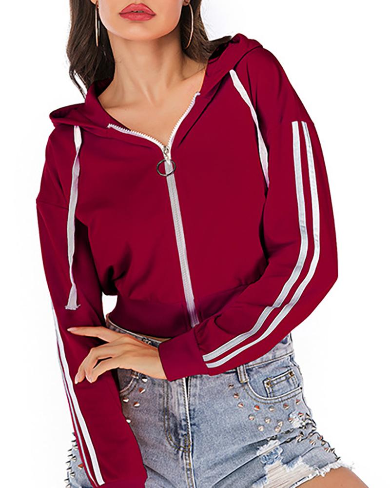 

Colorblock Striped Tape Zipper Hooded Sweatshirt, Wine red