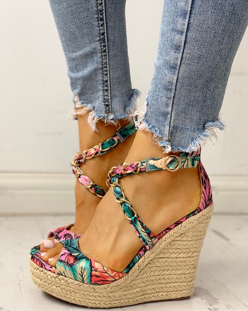 

Floral Chain Detail Platform Wedge Sandals, Green