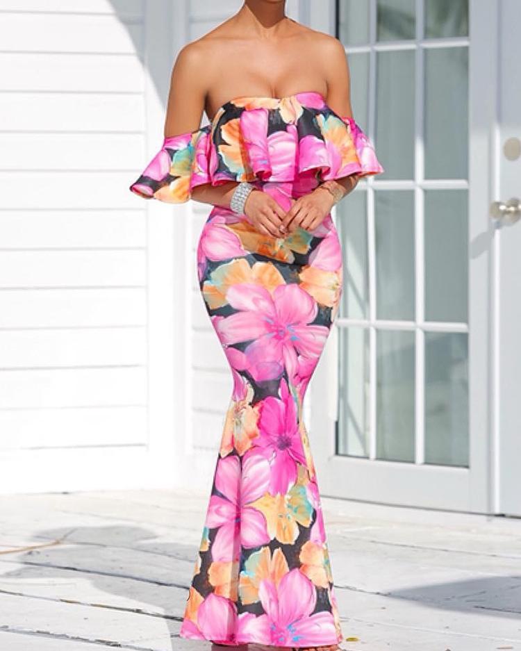 

Floral Print Ruffle Strapless Fishtail Maxi Dress, Hot pink