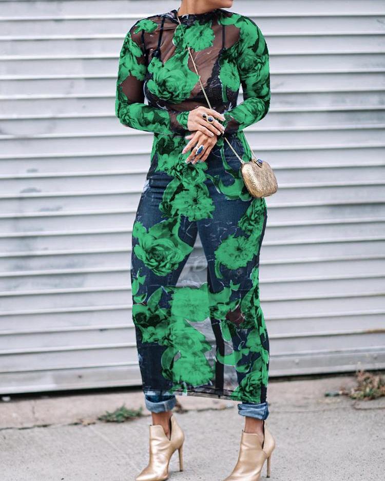 

See Through Floral Print Bodycon Mesh Dress, Green