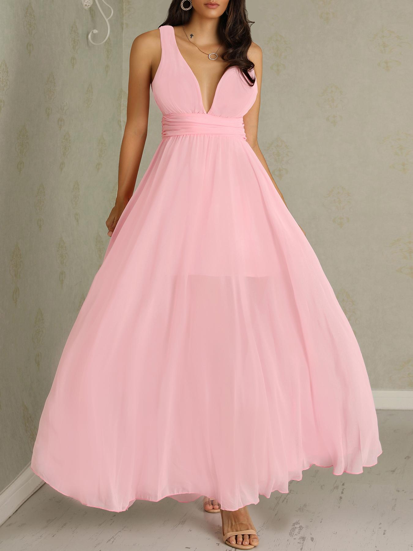 

Deep V Ruched Waist Sleeveless Maxi Dress