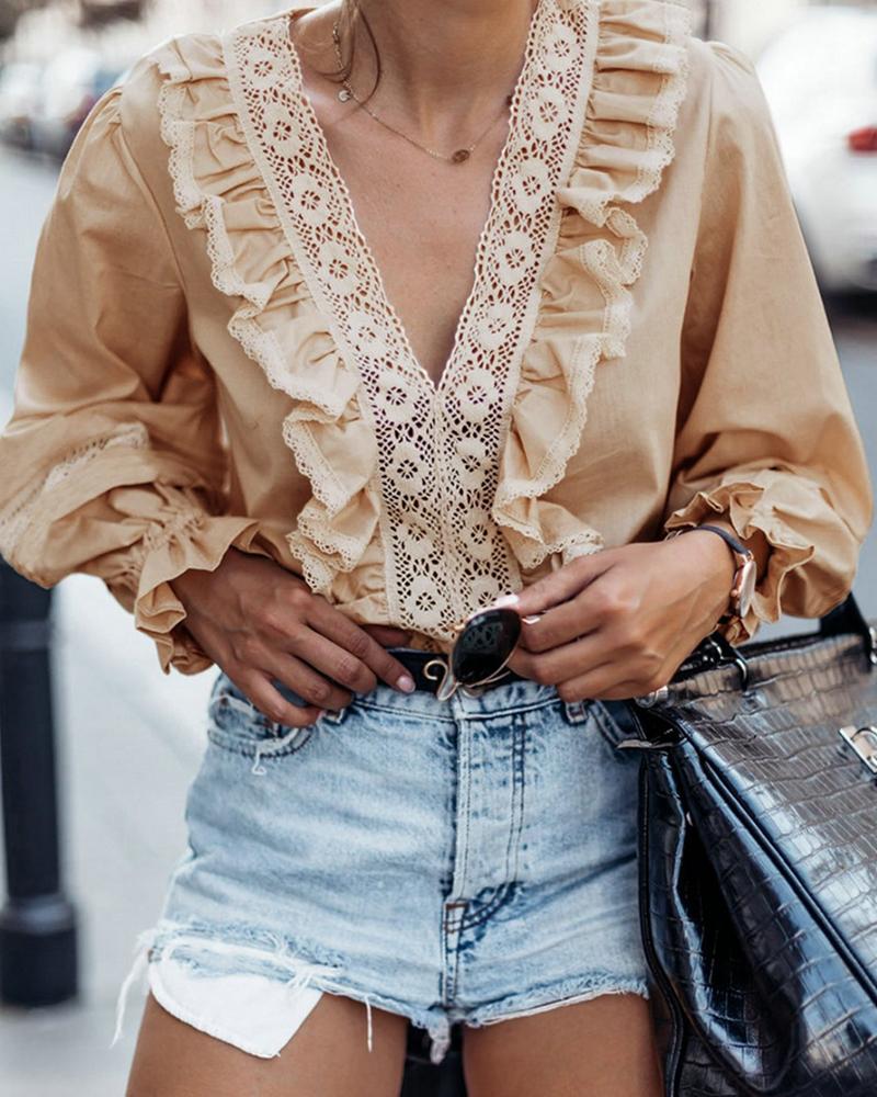 

Solid Lantern Sleeve Ruffles Detail Blouse, Khaki