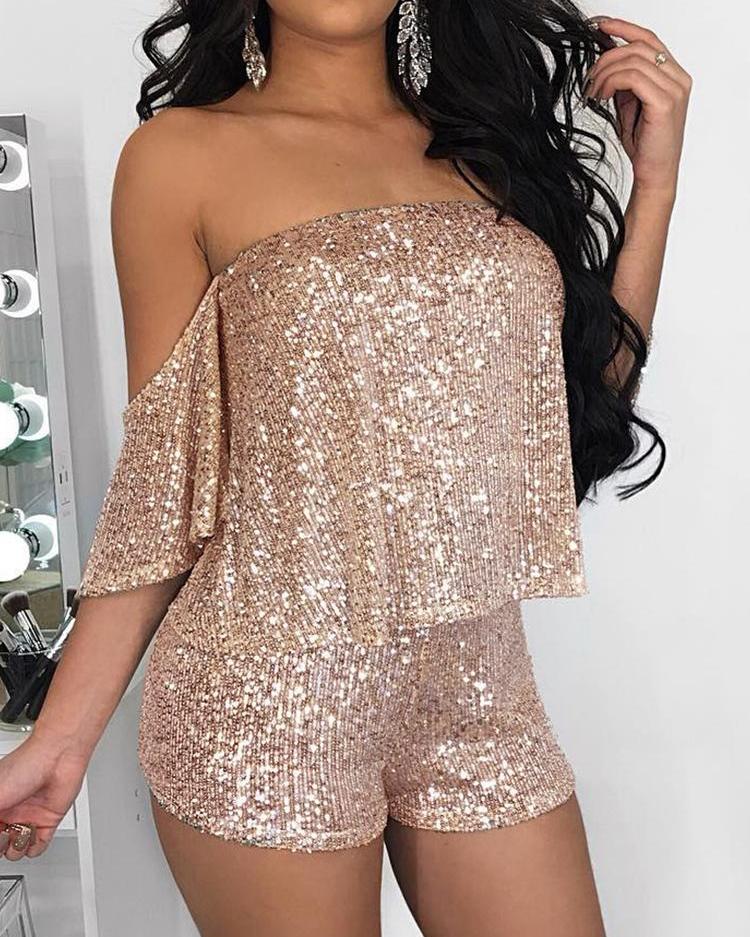 

Sequins Off Shoulder Crop Top & Short Sets, Gold