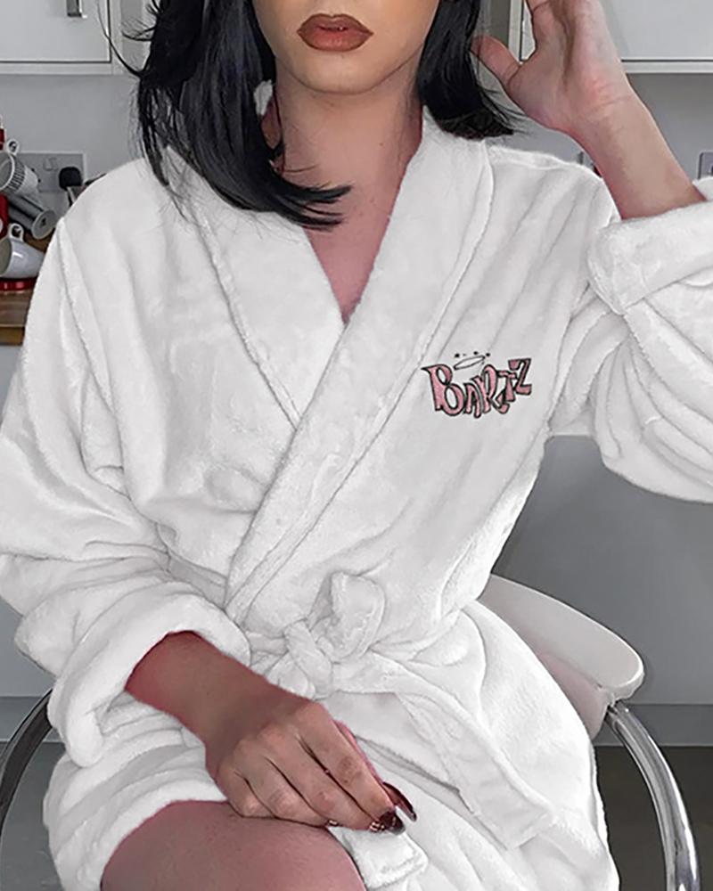 

Letter Print Long Sleeve Fluffy Robe, White