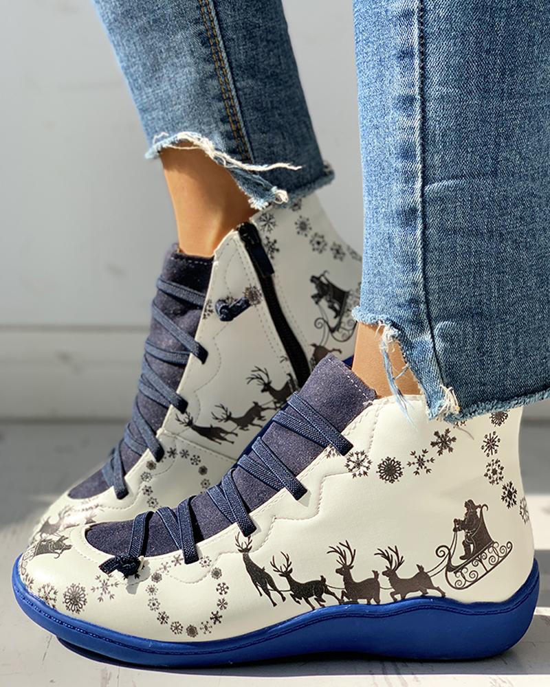 

Cartoon Print Patchwork Lace-Up Casual Boots, Blue