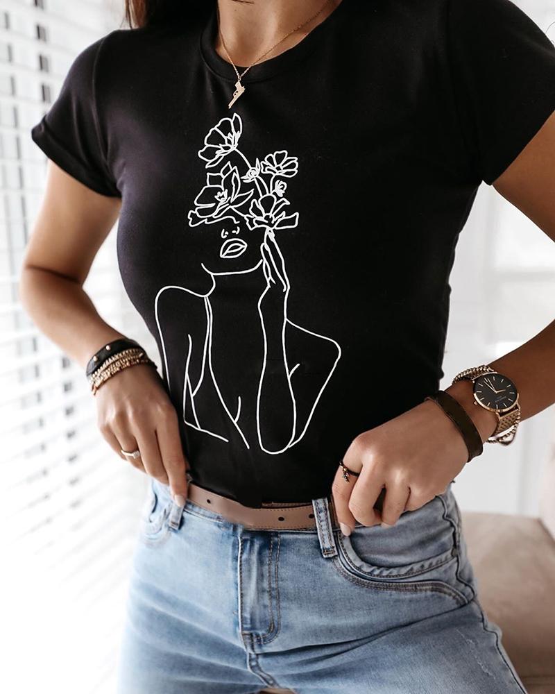 

Print Round Neck Short Sleeve T-shirt, Black