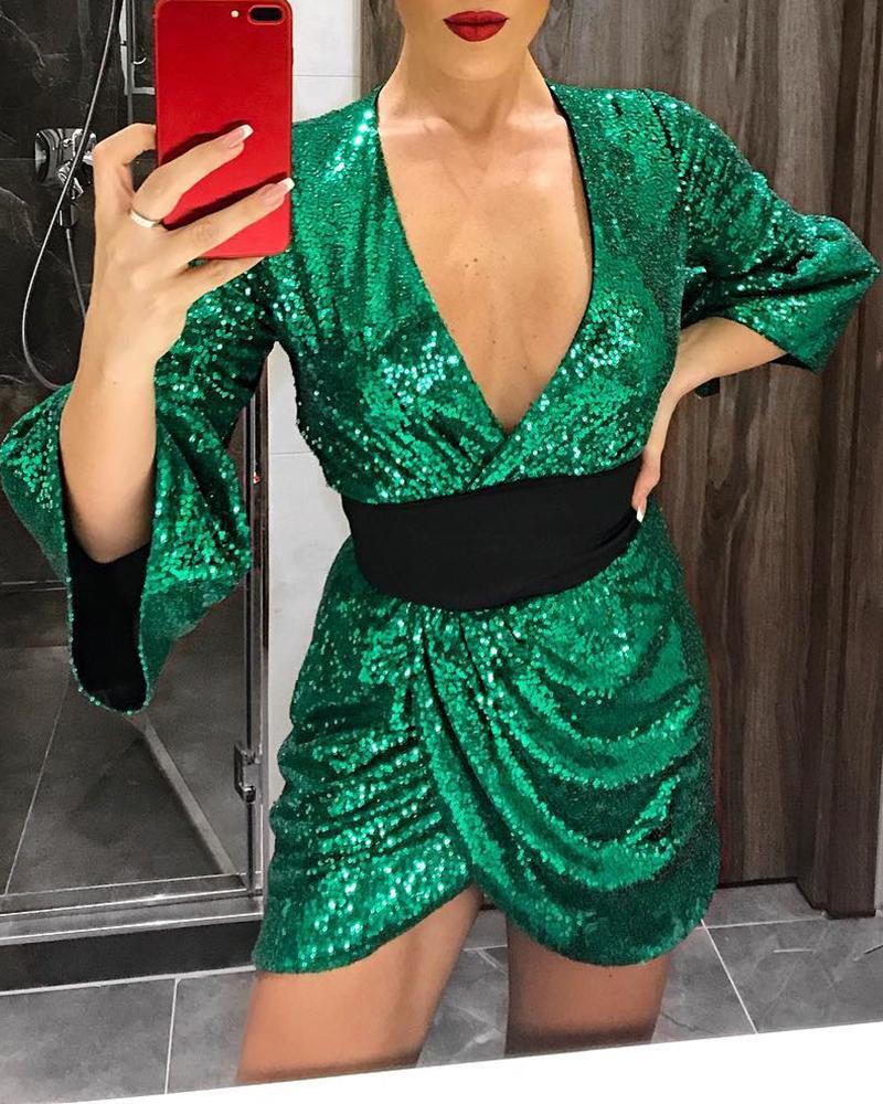 

Deep V-Neck Bell Sleeve Ruched Sequins Dress, Green