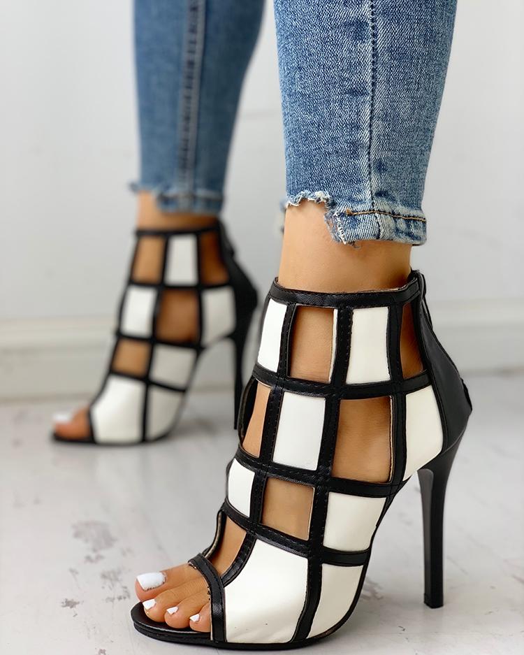 

Contrast Color Peep Toe Caged High-heel Sandals, Black