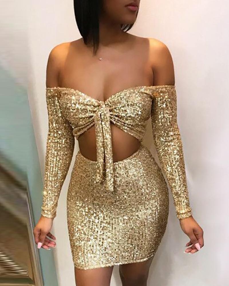 

Glitter Off Shoulder Sequins Crop Top & Skirts Sets, Gold