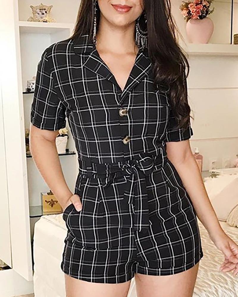 

Short Sleeve Grid Pocket Design Romper, Black