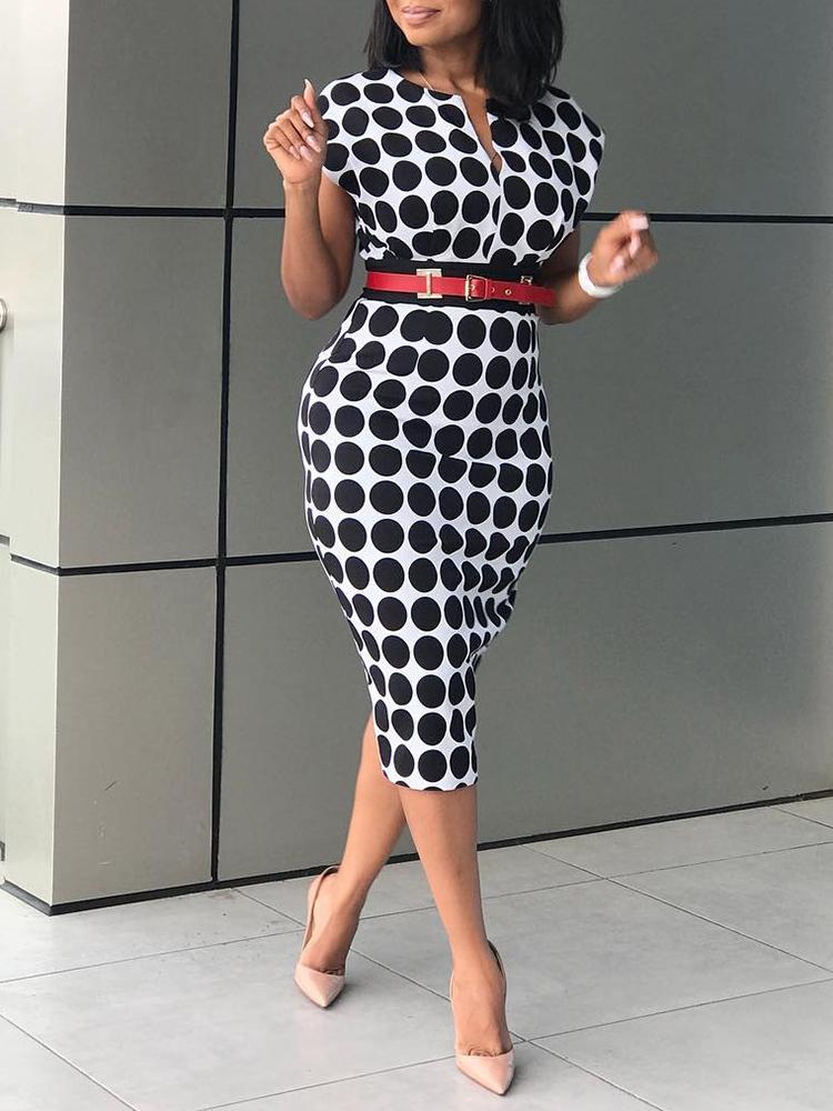 

Formal Polka Dot Print V Neck Sheath Dress, Black