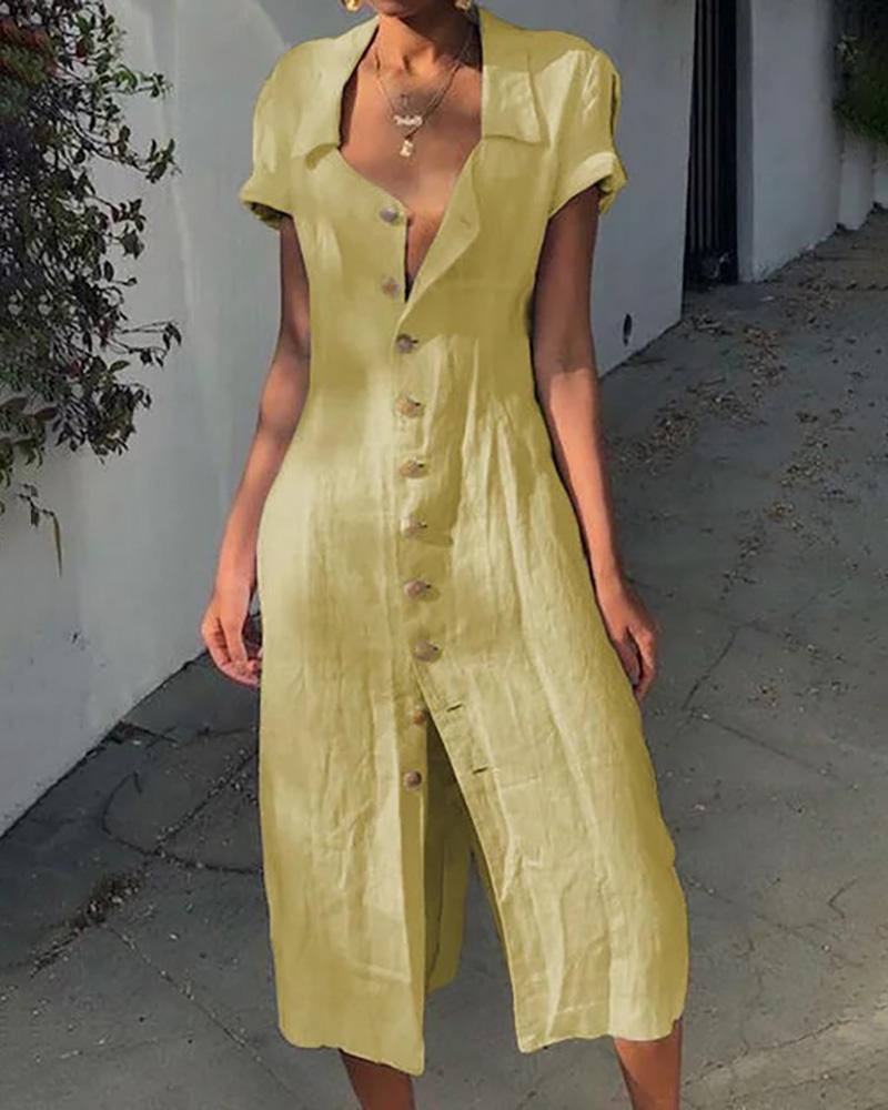 

Short Sleeve Button Up Casual Shirt Dress, Yellow