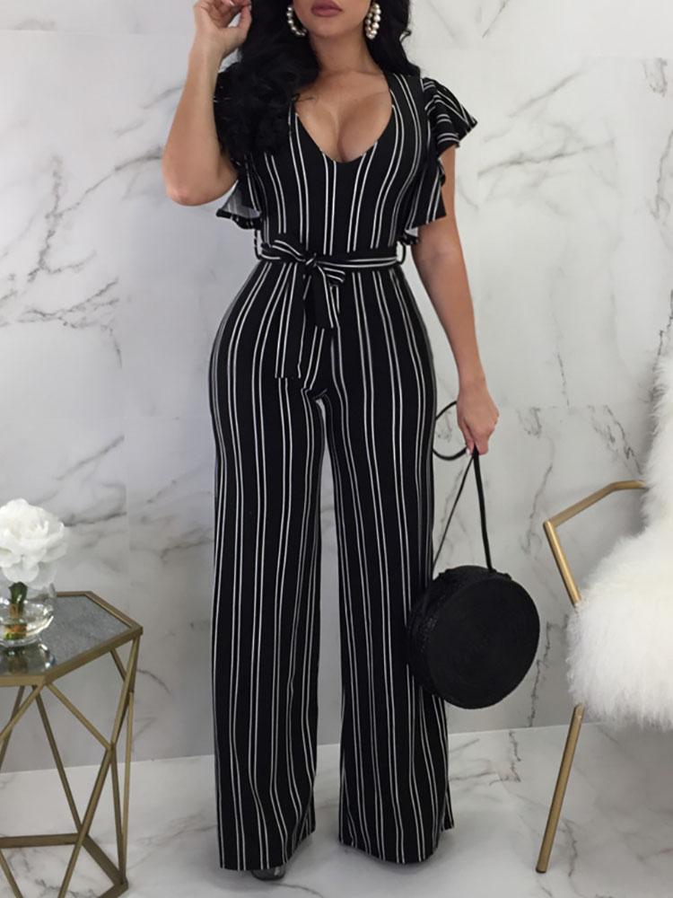 

Striped Flutter Sleeve Tie Waist Jumpsuits